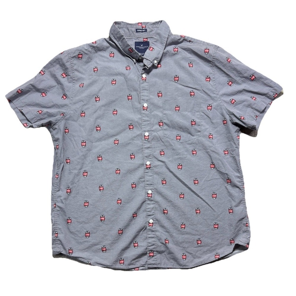 American Eagle Shirt Mens XXL Gray Button Up Soda Pop Can Spell Out Crush It